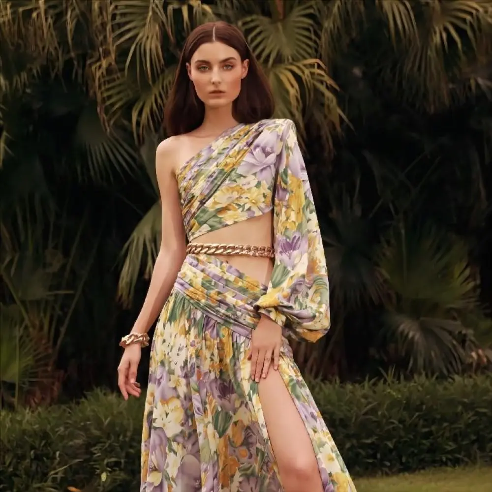 High-end Women's Oblique Sexy Strapless Umbilical Cord Floral Dress Temperament Celebrity Irregular Hem Dress