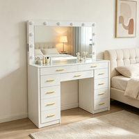 Table de maquillage moderne éclairée avec miroir et tiroirs, plateau en verre, pour chambre à coucher, vente en gros