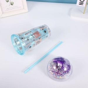 Kawaii 450ml Sweet Cherry Bear Panda Cartoon <b>Plastic</b> <b>Straw</b> Tumbler with Purple Tinsel Dome Lid Double Wall Clear Silver Glitter - Product Image 6