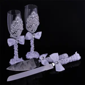 Hot sale Wedding Champagne Toasting Flute Anniversary Glasses with Silk Bow Tie and Lace Trim Creative Wine Glass