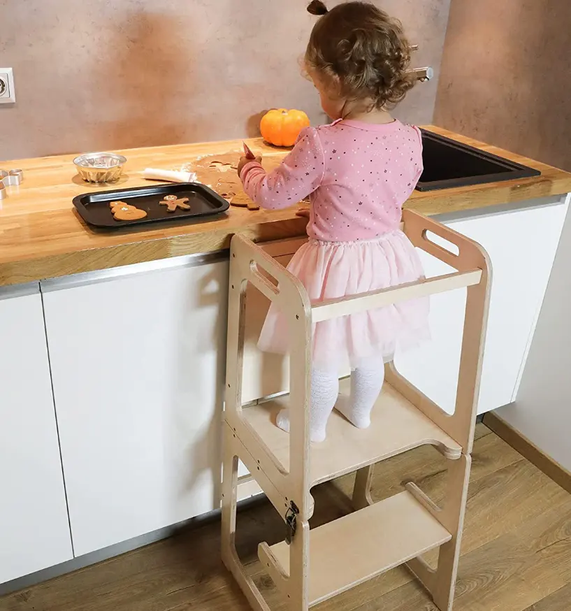 برج مساعدة مطبخ خشبي من EMA للأطفال برج تعليم لمساعدة الأطفال برج خشبي بطول الجسم مع مقعد ومركب