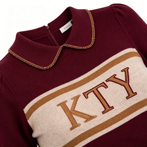 Abito <span class=keywords><strong>in</strong></span> <span class=keywords><strong>Maglia</strong></span> Stile Preppy con Blocchi di Colore, Colletto Peter Pan, Bordi con Perline, Ricami, Maniche Corte, Vita Alta e Gonna Plissettata Svasata - Product Image 5