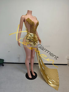 Ocstrade Glanzende Gouden Strass Clubjurk Doorschijnend Sexy O-hals Mouwloos Slim Fit Gerimpeld Kort Gala Jurkje voor Feestjes - Product Image 5