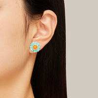 Anting Tusuk Daisy Enamel Hijau Mint Bunga Berlapis Peach Kuningan Berlapis Emas Gaya Vintage Wanita Grosir