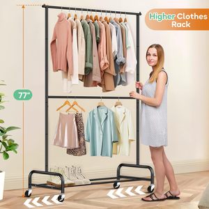 Porte-vêtements à double tige en métal noir robuste avec roues Organisateur de vêtements de salon de style simple pour <span class=keywords><strong>literie</strong></span> et sacs - Product Image 3