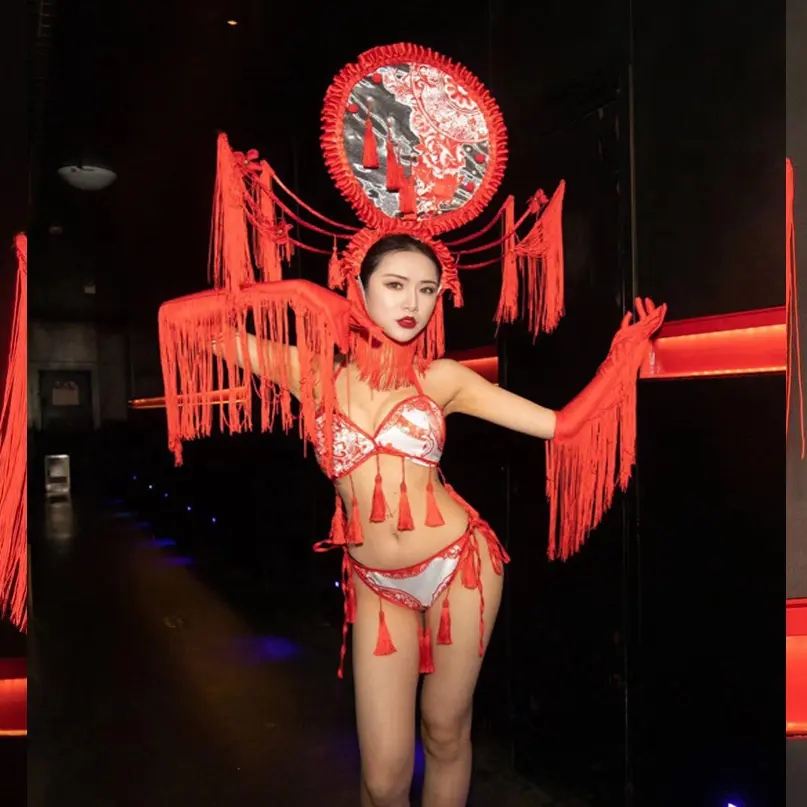 लाल चीनी लोक नृत्य पोशाक चरण प्रदर्शन दिखाने पहनने महिलाओं सेक्सी बिकनी मॉडल शो संगठन शांत साफ़ा