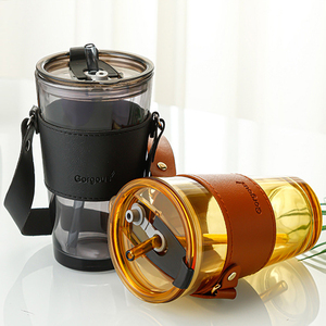 Tasse en verre de paille anti-brûlure de 450ml en gros Tasse à café en verre de voyage portable avec manchon en cuir et poignée - Product Image 5