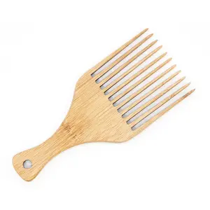 Customized Logo 100% Natural Bamboo Wide Tooth Comb Styling Tool Afro Pick Comb For Curly Hair