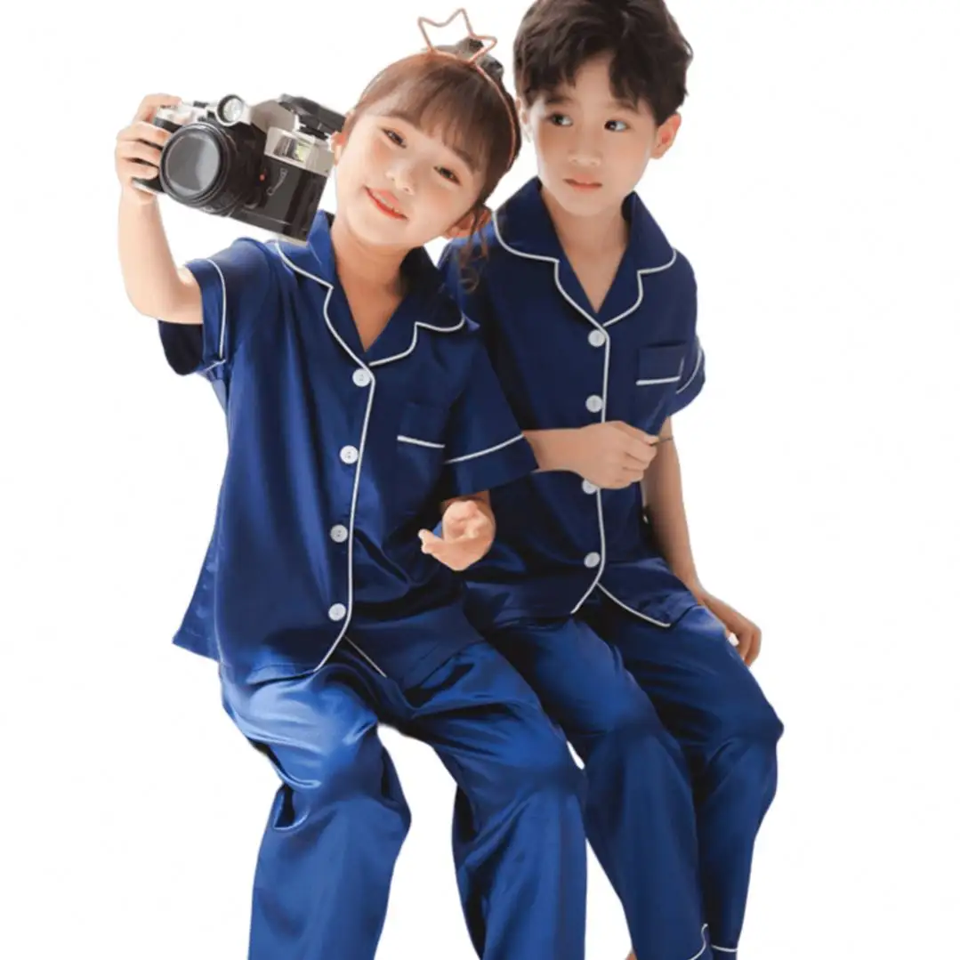 Çocuk ipek pijama seti erkek ve kız yaz bahar uzun kollu elbise pijama