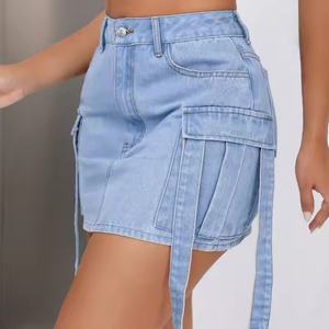 Mini-jupes d'été personnalisées avec logo, taille haute élastique, en jean de coton pour femmes, vente en gros - Product Image 1