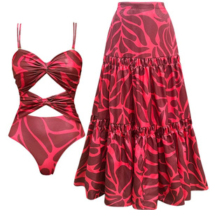 Ensemble de maillot de bain 2 pièces imprimé pour femme, monokini une pièce à découpes torsadées avec jupe longue maxi à volants, paréo de plage, vente en gros de maillots de bain - Product Image 5