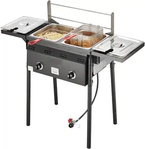 Outdoor Propane Deep Fryer, Double Burners Commercial Fryer with 2 stainless steel pots, Perfect for Outdoor Cooking