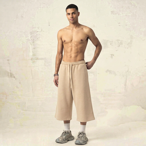 Shorts Jogger Homme Beige 100% Coton Toile Unie Écologique Anti-Plis Respirant Style Urbain Taille Mi-Haute avec Cordon de Serrage - Product Image 2