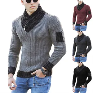 Suéter de malha slim para homens, pulôver casual de manga longa com gola