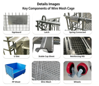 EASYLINK YL-WMA7 Cage de rangement en acier, conteneur métallique thermolaqué, pliable, empilable, capacité 100 kg, roues de 4-6 pouces