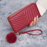 2025 à la mode femmes coréen Double fermeture éclair pochette portefeuille V broderie boule de poils nouvelle Position multi-cartes longue durée Polyester