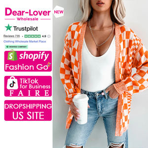 <span class=keywords><strong>Cardigan</strong></span> a tracolla anteriore aperto a scacchi arancioni da donna - Product Image 1