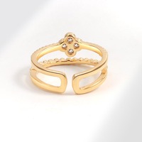 Anillo Abierto Ajustable con Trébol de Cuatro Hojas, Elegante y Moderno, Chapado en Oro, con Micro Pavé de Circonitas Blancas y Borde con Cuentas, para Uso Diario