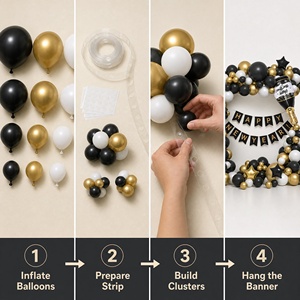 Décorations de fête du Nouvel An, kit d'arche de ballons, bannière Joyeux Nouvel An et guirlande de ballons en latex noir, or et blanc - Product Image 4