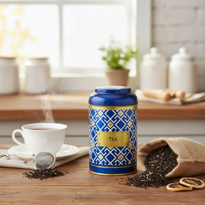 Boîte métallique ronde 1.2L Ø 105x150mm avec couvercle en dôme bleu et motif de lignes géométriques sans couture Logo recyclable et gaufré - Product Image 3