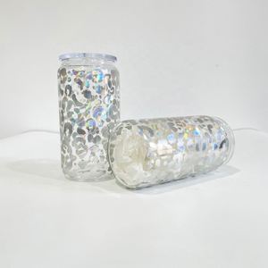 Holographic Shaped Drinkware Ready to Ship 16Oz Leopard Clear Glass Can With <b>Plastic</b> Lid - Product Image 3