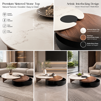 Table basse moderne de luxe en pierre frittée avec plateau en bois et base ronde en métal, fabricant de meubles sur mesure pour salon