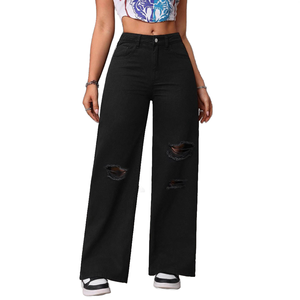 YUANBOFEI <span class=keywords><strong>Jean</strong></span> Baggy <span class=keywords><strong>Bleu</strong></span> Personnalisé Effet Délavé Vintage en Denim Déchiré pour Femme Coupe Large Confortable sans Serrer pour Usage Quotidien - Product Image 4