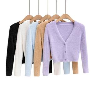 Bestseller Damen Crop-Top Pullover Herbst Langarm Slim Fit Gestrickte Knopfleiste Vorne Flauschige Strickjacke Damen Strickoberteil - Product Image 6