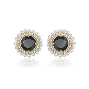 BLE-2112 xuping jewelry Retro simple temperament French diamond baroque black gemstone 14K pearl earrings