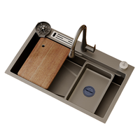Robinet extractible noir de luxe moderne fait à la main évier de cuisine multifonctionnel en acier inoxydable 304 à double cuvette traitement de surface nano