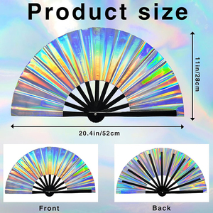 Logotipo personalizado de fábrica, diseño holográfico Clack grande, música Rave, ventilador de mano de bambú para festivales, fiestas, bodas, ventiladores plegables fuertes - Product Image 2