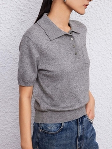 Stile <span class=keywords><strong>Polo</strong></span> di base Vintage da donna di fabbrica con bottone con decorazione a maniche corte a maglia Casual tinta unita per l'estate - Product Image 2