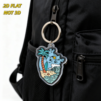 Porte-clés en acrylique Tropical Heart découpé, scène de plage avec palmier, planche de surf et vagues pour les voyageurs, les surfistes, les amateurs d'été