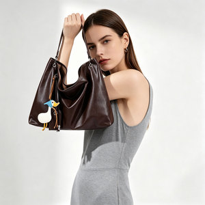 Bolso Tote de Cuero Genuino, Gran Capacidad, Estilo Hobo, Bolso de Hombro/Axila de Cuero Vacuno Suave, Bolso Casual para Compras, Color Marrón Oscuro - Product Image 1