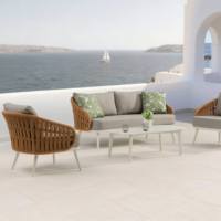 Ensemble de canapés modulaires d'extérieur en rotin PE courbé de luxe moderne avec table basse en osier, écologique et durable, pour cour et appartement