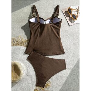 Ensemble tankini femme FOXA à effet métallisé, froncé sur le devant, taille haute, sans manches, séchage rapide, en Spandex et Polyester - Product Image 5