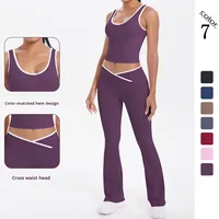 Ensemble de yoga TongJoes taille haute élastique, double face brossé, ajusté, respirant, avec détails croisés et jambes larges, pour le sport