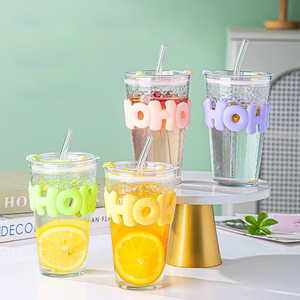 HECION Vasos <span class=keywords><strong>de</strong></span> Vidrio para Oficina, Tazas para Café y Bebidas, Vaso <span class=keywords><strong>de</strong></span> Agua <span class=keywords><strong>de</strong></span> Gran Capacidad con Pajita, Vaso Infantil, Regalos para Amigos, 450ML - Product Image 5