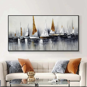 Arte de pared pintado a mano, paisaje de velero Horizontal del océano, marco de lona moderno, pinturas abstractas de barcos de vela, 100% - Product Image 5