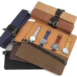 Reloj de joyería de viaje de lona de cera húmeda de cuatro rejillas, bolsa enrollable, reloj de pulsera mecánico, organizador para hombres