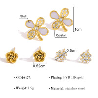 3 paires de boucles d'oreilles de créateur en acier inoxydable, anti-ternissement, plaqué or 18 carats, minimalistes, avec cristaux et fleurs en forme de coquillage