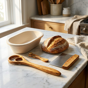 Kit de Cuisson au Levain 4 Pièces en Bois d'Olivier Durable : Fouet Danois, Couteau à Pain, Moule à Pain en Bois (Brotform) pour Panier, Grattoir à Pâte et Revêtements - Product Image 4