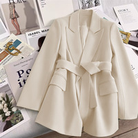 Nouveau modèle Veste de costume pour femme Cardigans Veste de bureau pour femme Manches longues Ceinture à revers Col en V Manteau de costume ample et décontracté