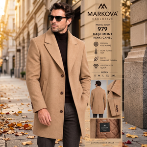 Manteau long triple boutonnage en laine et polyester MARKOVA pour homme, couleur camel, col pointu, idéal pour l'hiver, qualité supérieure - Product Image 3