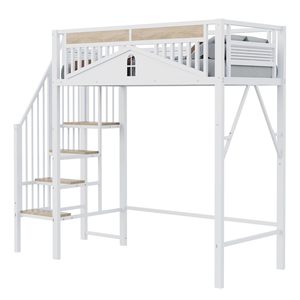 Lit mezzanine moderne avec échelle, garde-corps, cadre métallique, éléments décoratifs <span class=keywords><strong>de</strong></span> fenêtre, taille Twin XL, DNF (sans matelas) - Product Image 2
