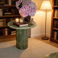 Table d'appoint minimaliste artistique Dream Home, plateau rond en onyx vert naturel, base cylindrique, décoration d'intérieur