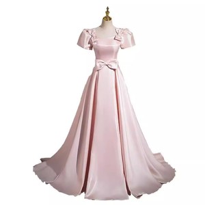 Pink French Satin Evening Gown Square Collar Empire Waist Long Skirt Candy Color Fashion Dress For Ceremony Banquet Runway - Product Image 4