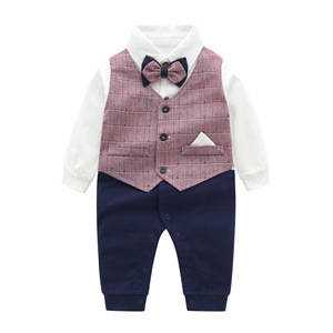 Combinaison bébé garçon à carreaux, style smoking, tenue de gentleman formelle avec nœud papillon pour baptême, combinaison bébé confortable - Product Image 6