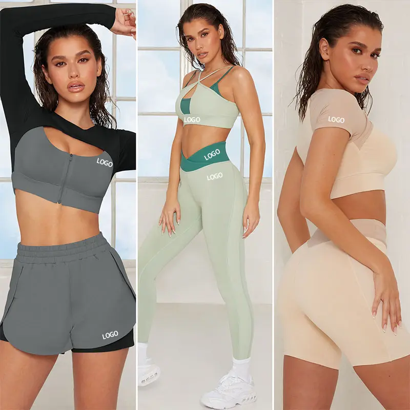 Juego de ropa deportiva sin costuras para mujer, sujetador de gimnasio de 7 piezas, manga corta, Top corto, Leggings, pantalones cortos para gimnasio y Fitness