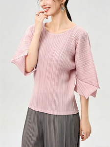 PY 2026 Comfortable Loose Fit Crew Neck Woven Miyake Pleated Batwing Sleeve Casual <b>Top</b> <b>Women's</b> 100% Polyester <b>Compressed</b> - Product Image 2